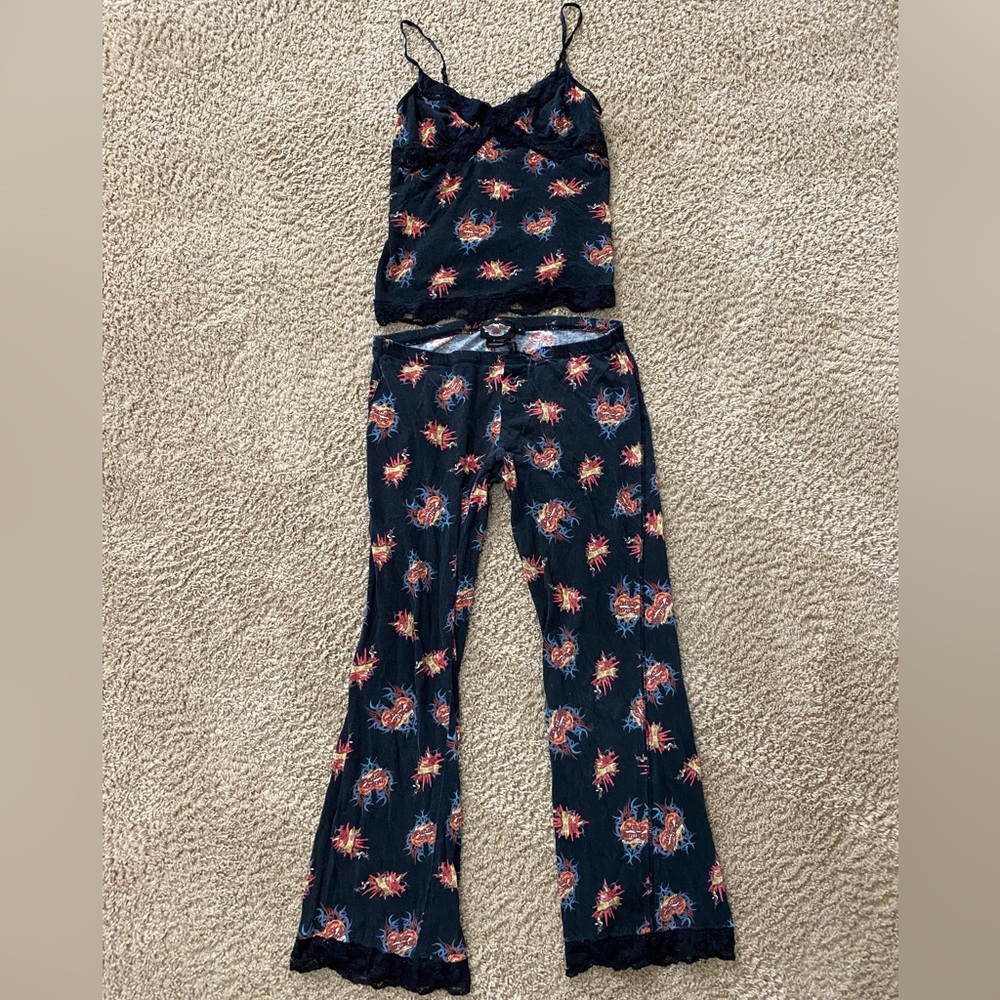 Harley-Davidson Black Floral Lace Trim Pajama Cami & Pants Set